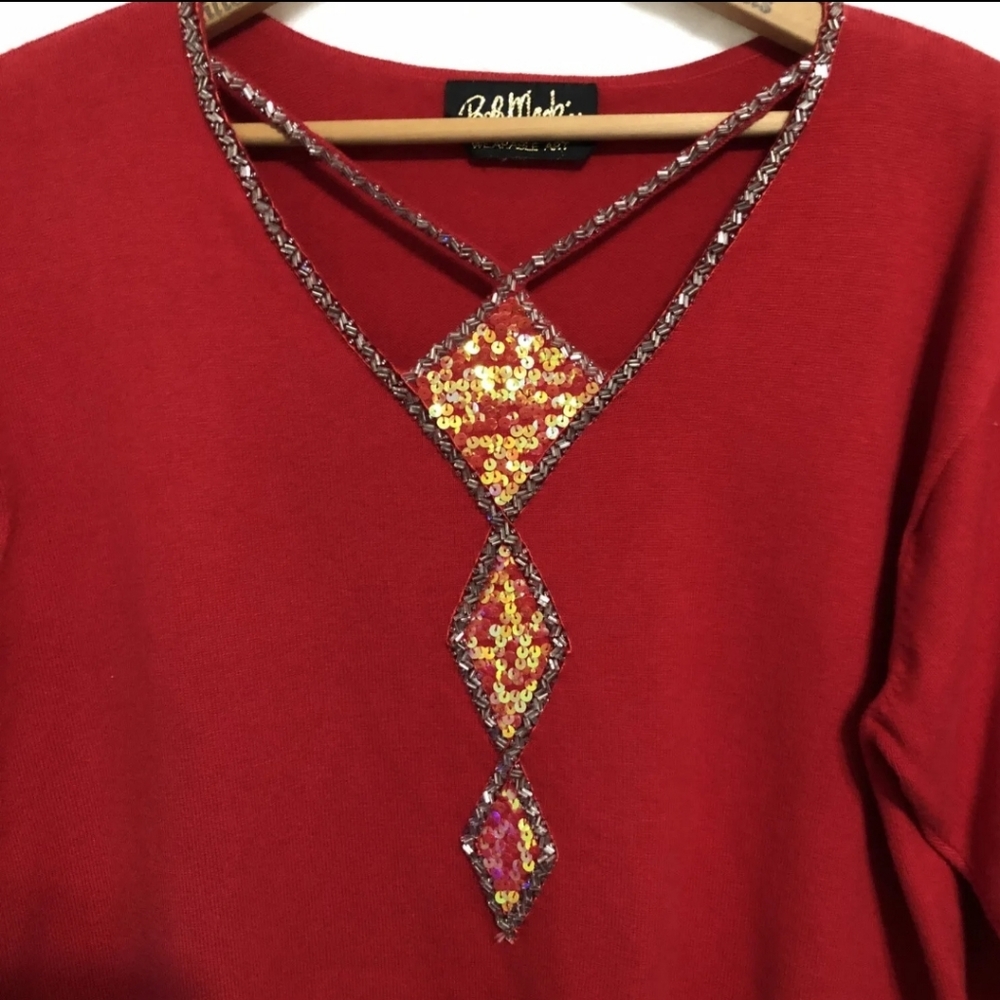 Bob Mackie Wearable Art Red Sweater -  Sequins & Cutouts, Size M, Holiday Party
